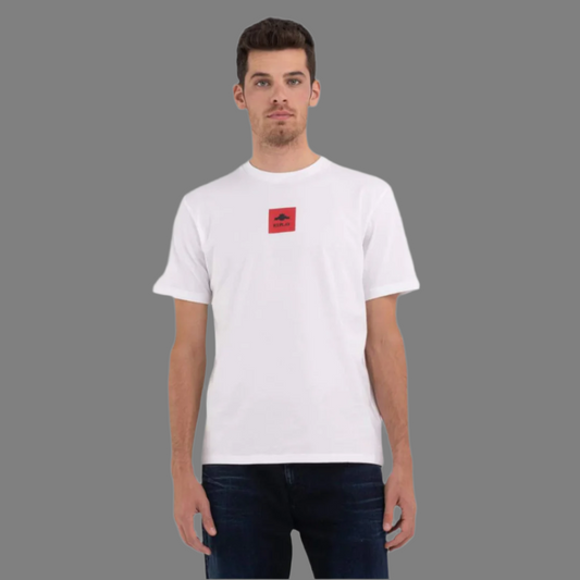 White T-Shirt with Red Square Logo